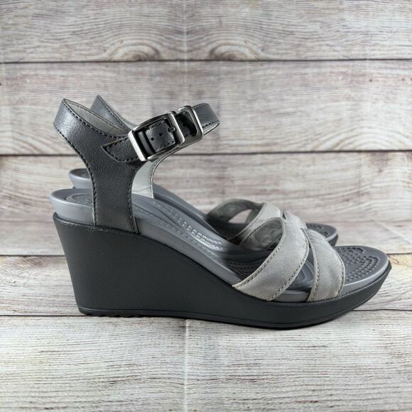 CROCS Sandals Womens Size 6 Leigh II Ankle Strap Platform Wedge Heel Gray - Picture 8 of 11